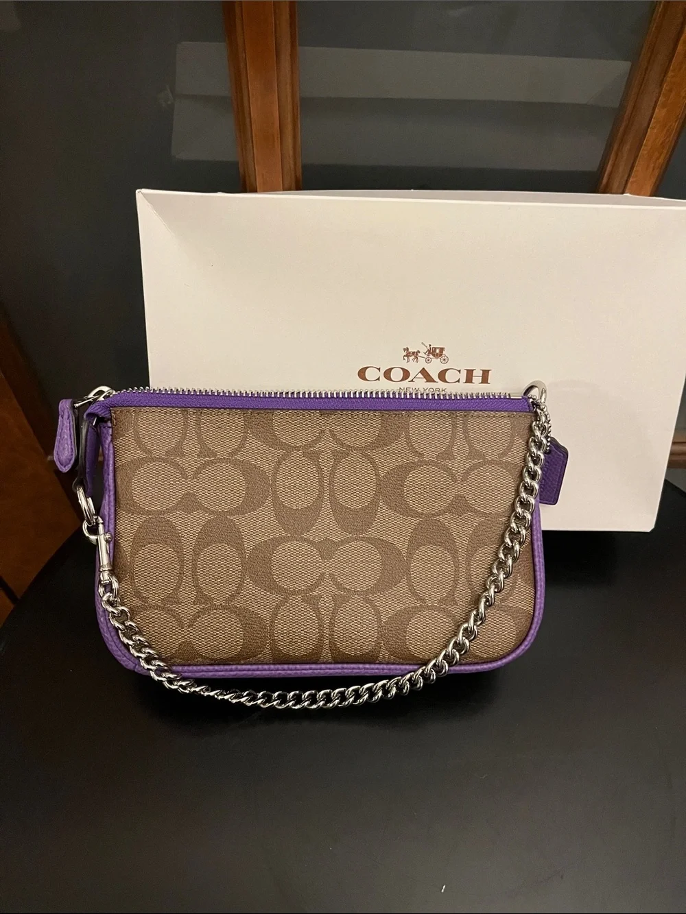 Coach Brown Signature Canvas Wristlet with Purple Trim